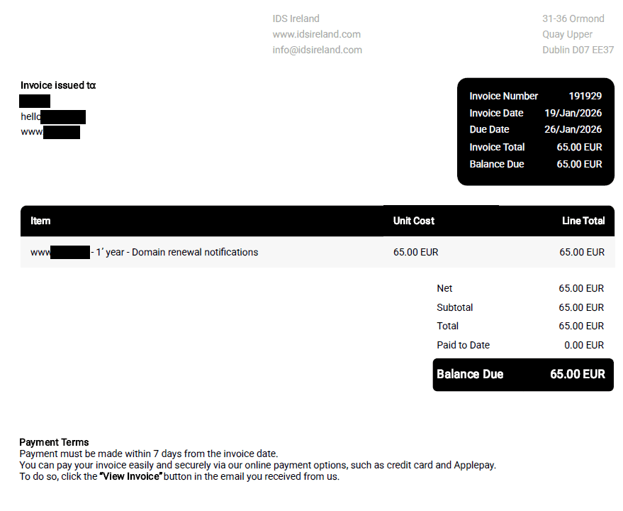 Example of a fake IDS Ireland Invoice scam claiming domain renewal fees