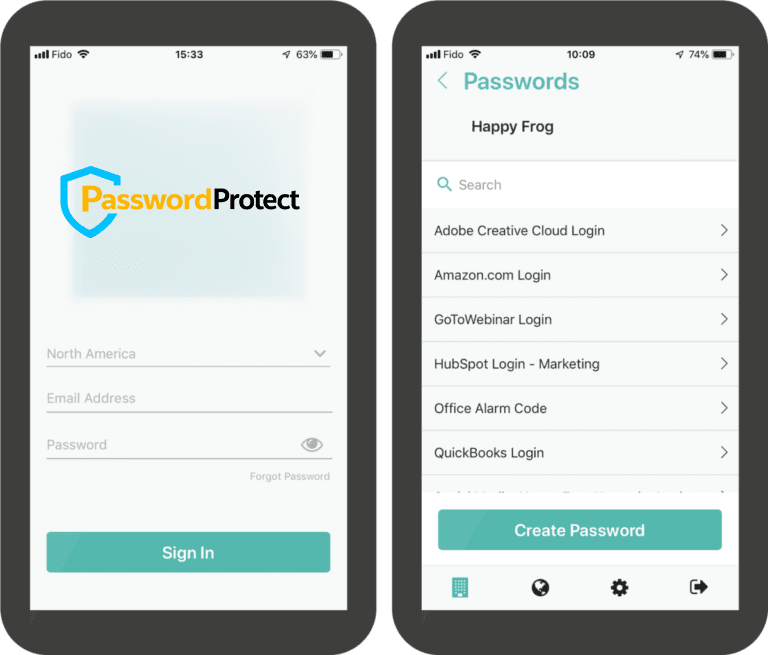 Password Protect Mobile App Interface showing secure access