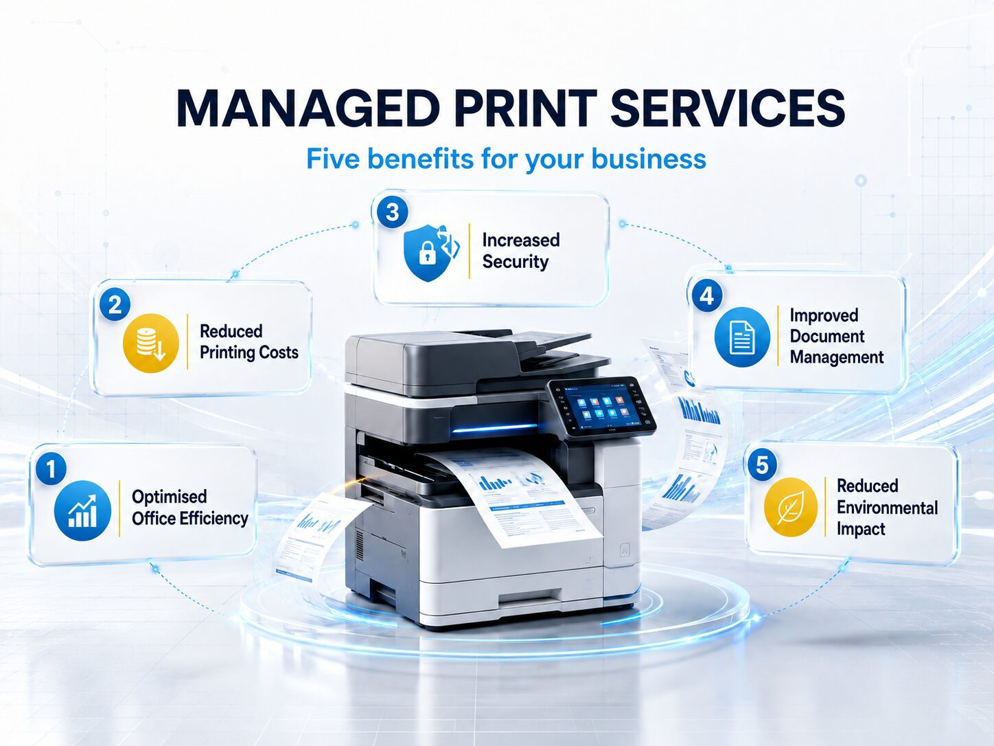 The five benefits of managed print services — optimise office efficiency, reduce printing costs, increase security, improve document management and reduce environmental impact