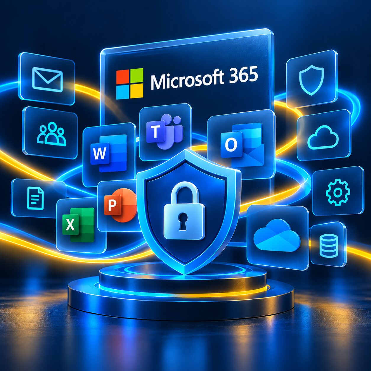 Microsoft 365 apps including Outlook, Teams, Word, Excel, PowerPoint and OneDrive arranged around a security shield and padlock