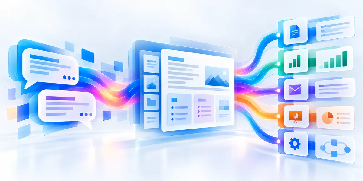 Chat messages flowing into a Pages canvas and out to Word, Excel, Outlook, PowerPoint and automation agents