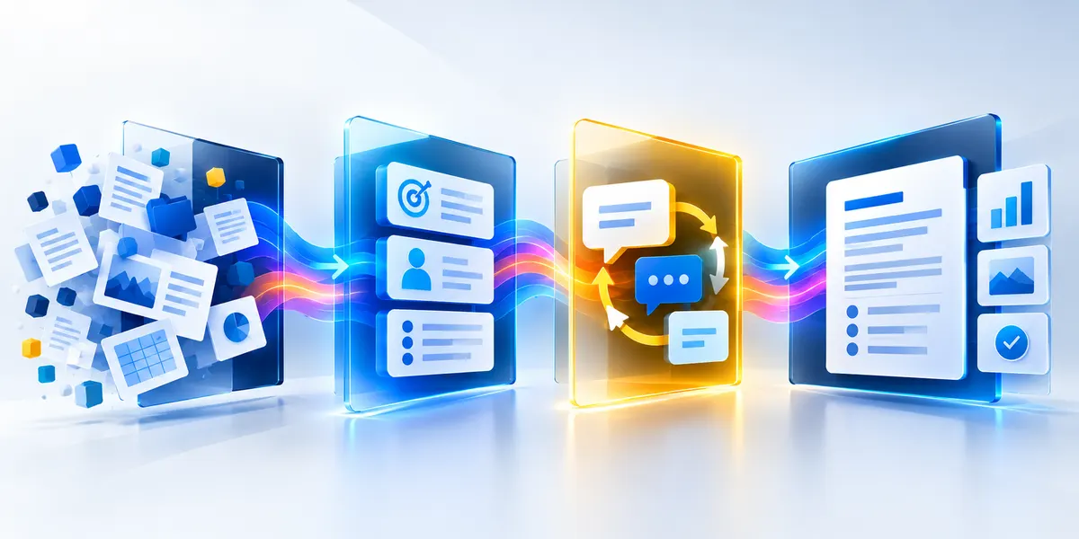 Scattered documents flowing through context, role, interview and task panels into a finished document