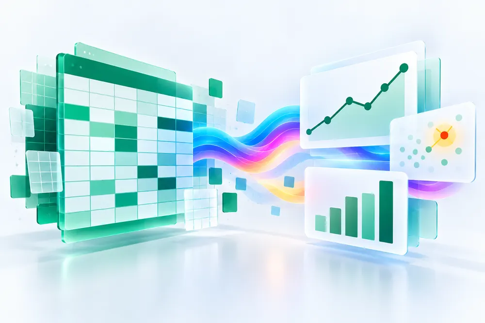 A spreadsheet grid transforming into trend, bar and outlier charts