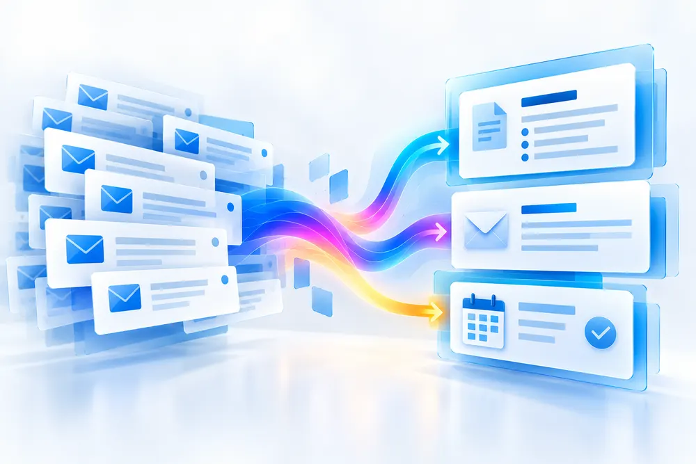 A stack of emails flowing into a summary, a reply and a calendar entry