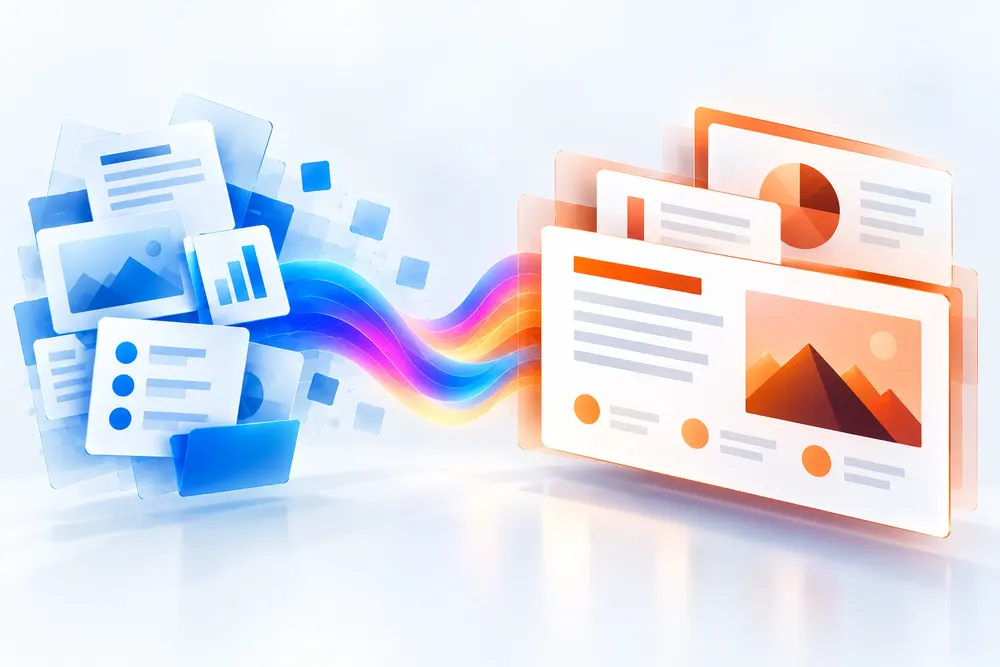 Source documents flowing into a set of presentation slides