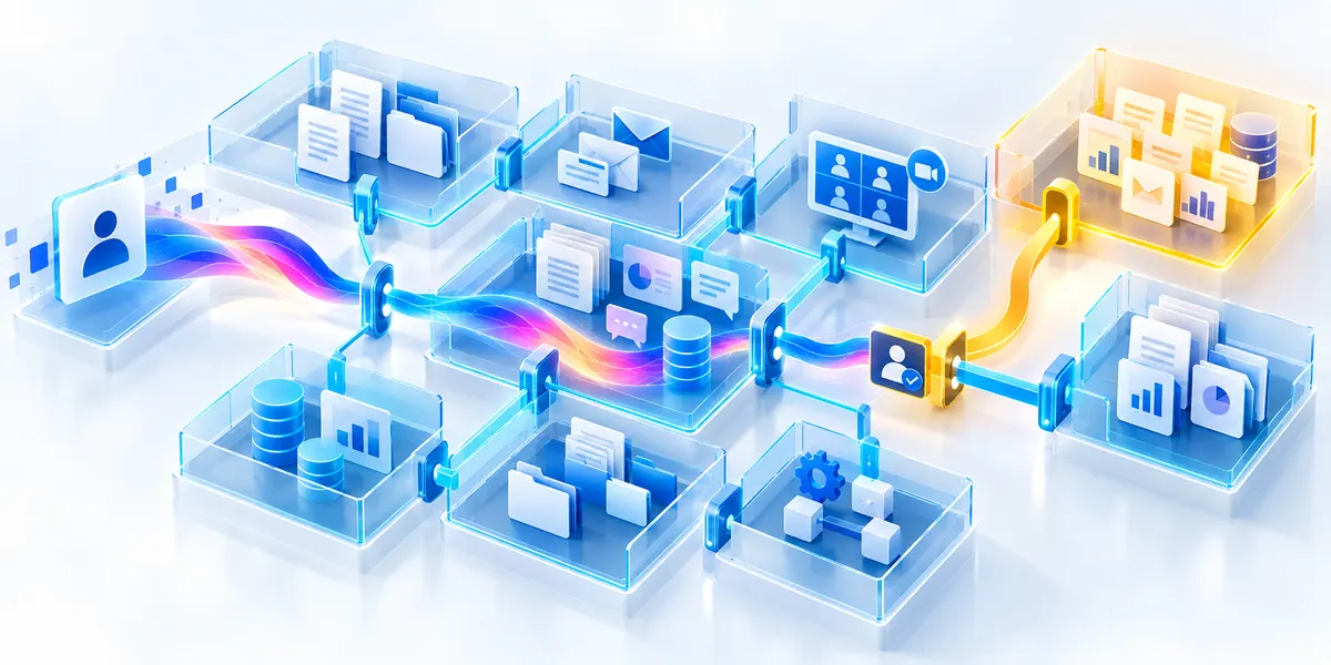 A user's access path running through connected data stores, with one store flagged for review